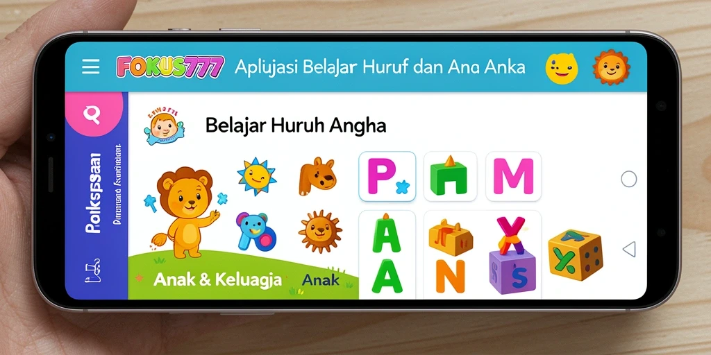 Antarmuka aplikasi FOKUS777 yang menyenangkan untuk belajar huruf dan angka.