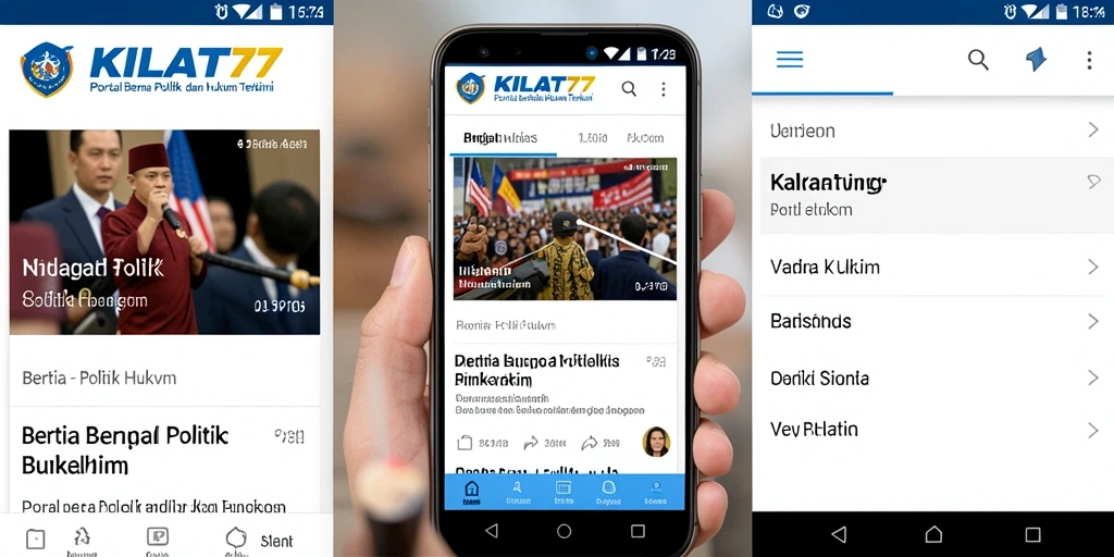 Tampilan antarmuka aplikasi KILAT77 dengan fitur berita politik dan hukum.